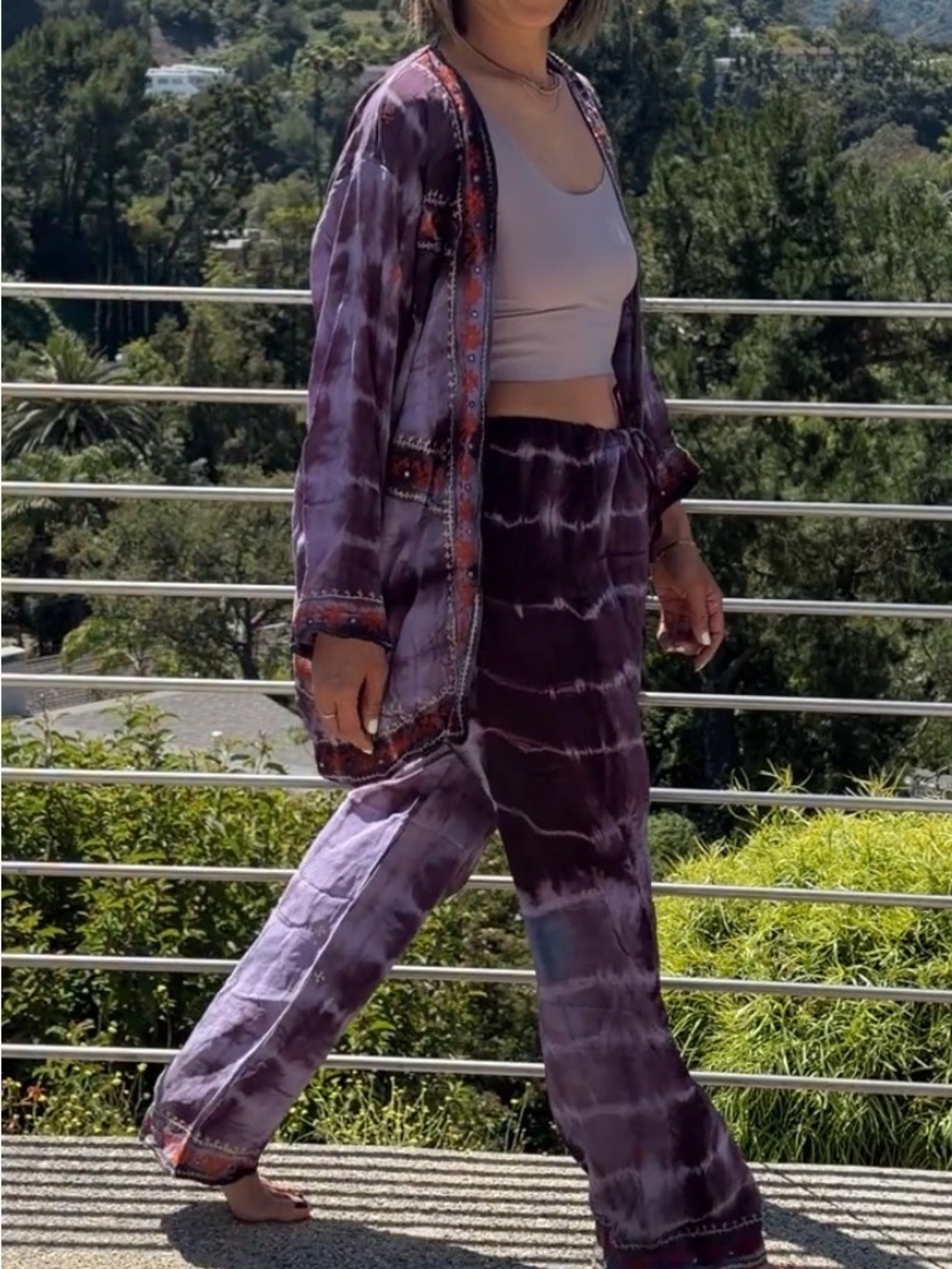Sun Child 2PC silk Purple Tie-Dye Jacket & Pants Festival Coachella one size - Picture 6 of 11